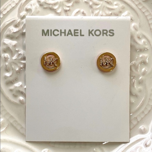 Michael Kors Rose Gold Engraved Studs Circle Earrings Classic Simple Elegant - Picture 3 of 11